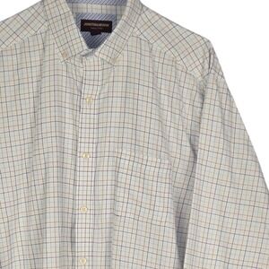 Johnston & Murphy Mens XL White‎ Brown Blue Plaid Dress Shirt Long Sleeve Cotton